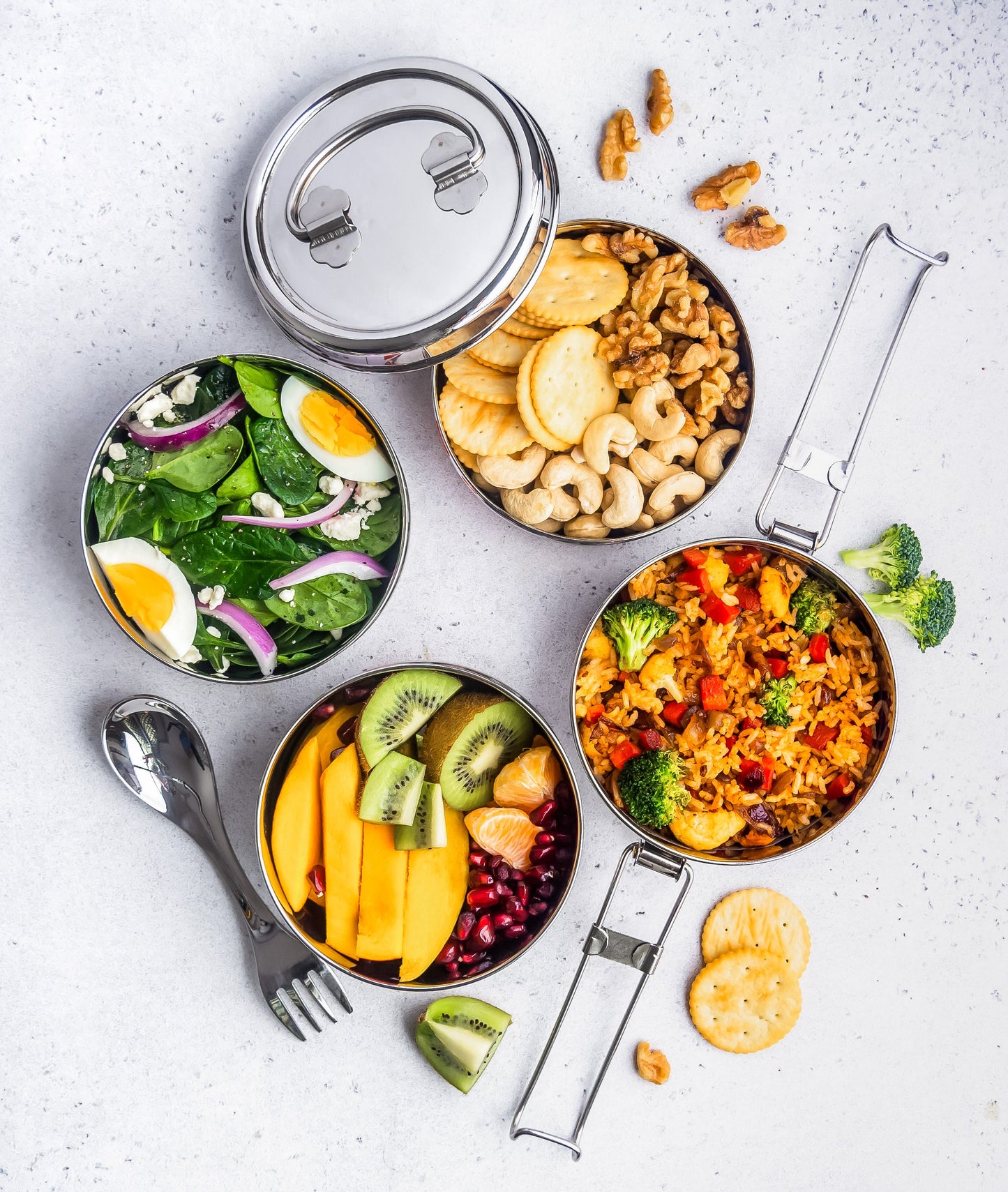 Stainless Steel Lunch Box, 4 Tier Round with Spork, 55 Oz