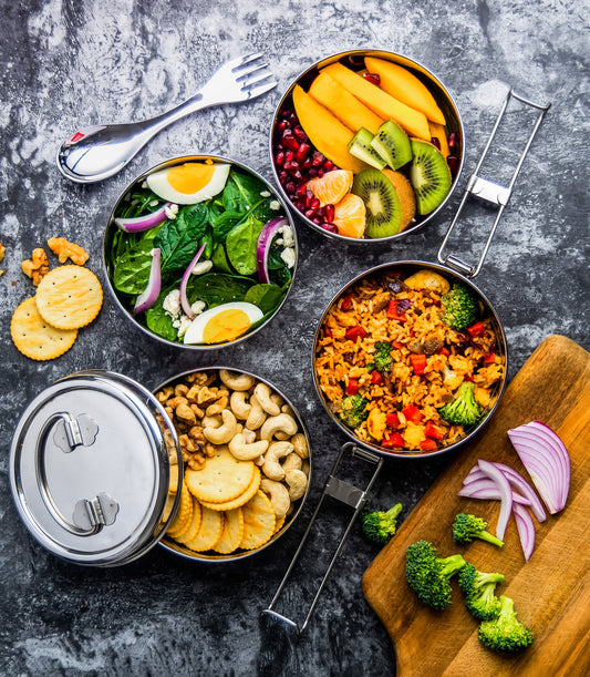 Stainless Steel Lunch Box, 4 Tier Round with Spork, 55 Oz