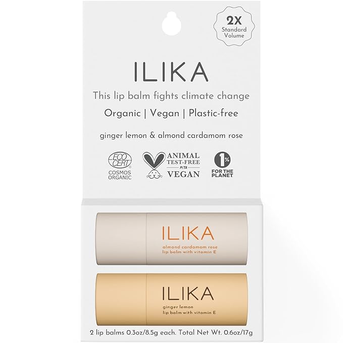 ILIKA Lip Balm - 2 Pack, Ginger Lemon & Almond Cardamom Rose