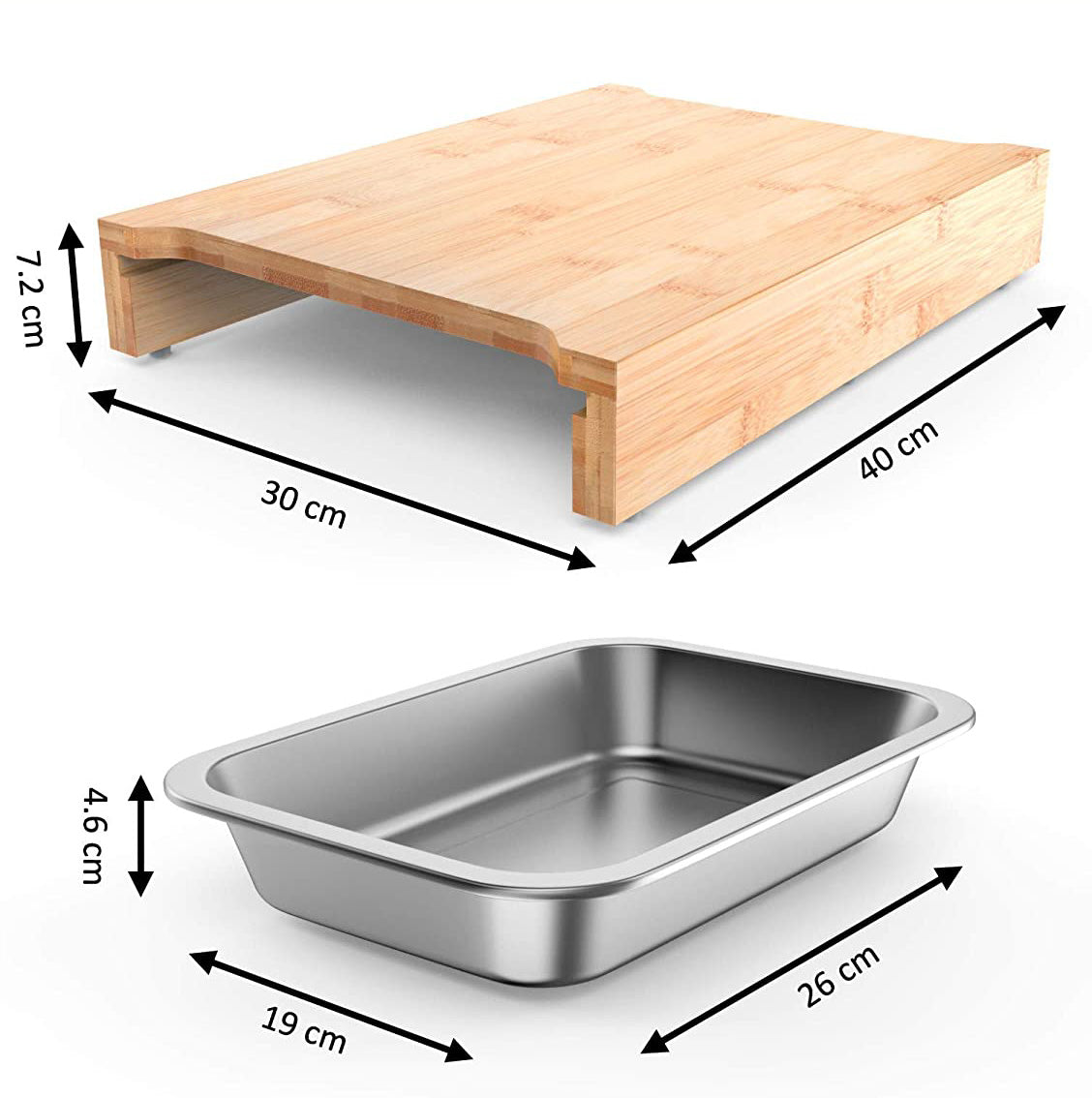 Bamboo Cutting Board with 2 Organizing Stainless Steel Trays