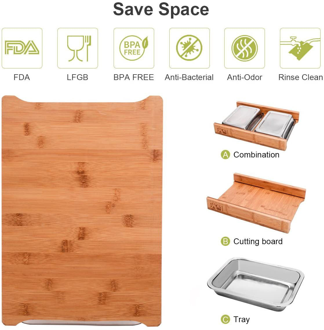 Bamboo Cutting Board with 2 Organizing Stainless Steel Trays