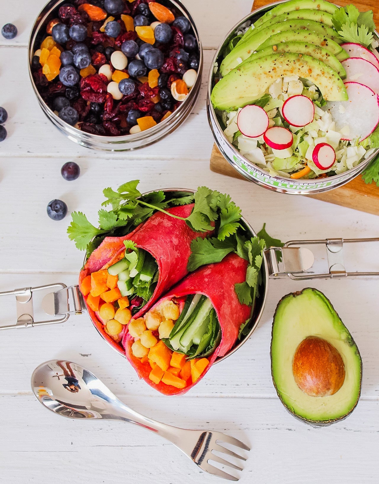 Stainless Steel Lunch Box, 3 Tier Round with Spork, 40 Oz