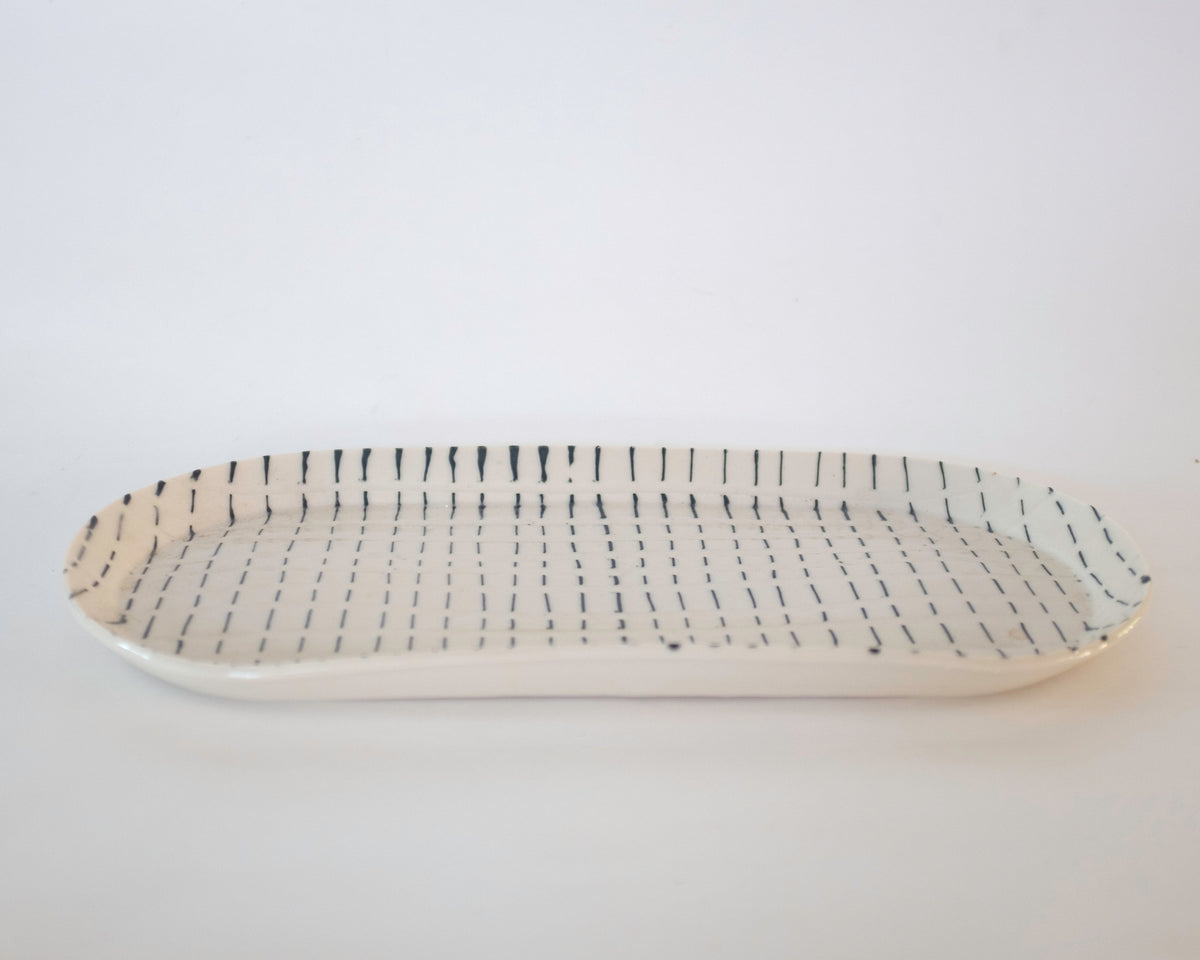 Cream with Dashed Black Lines Oval Platter