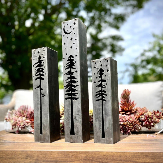 Pine Tree Night Sky Luminary Tube w/ Solar Cap | 12-inch, 14-inch, 16-inch