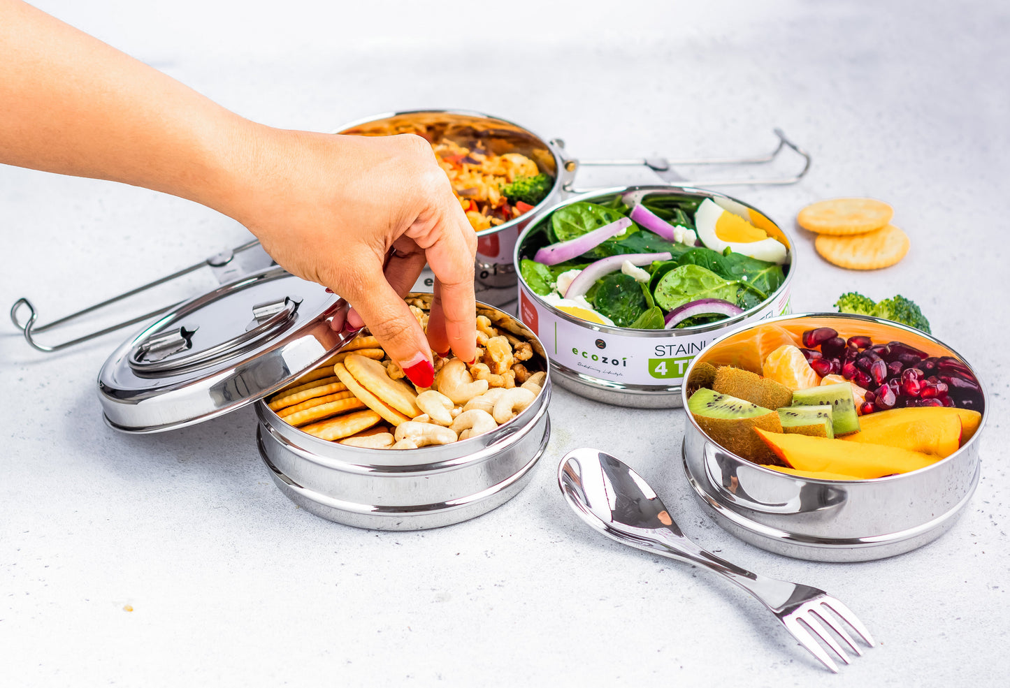 Stainless Steel Lunch Box, 4 Tier Round with Spork, 55 Oz