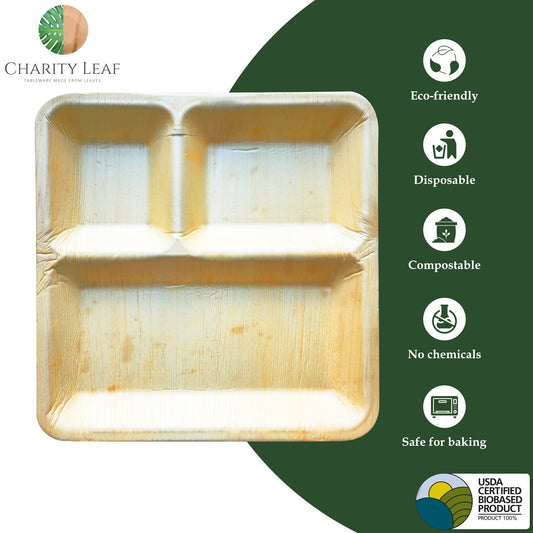 10" Inch Square - 3 Compartment Natural Compostable Bamboo Plate