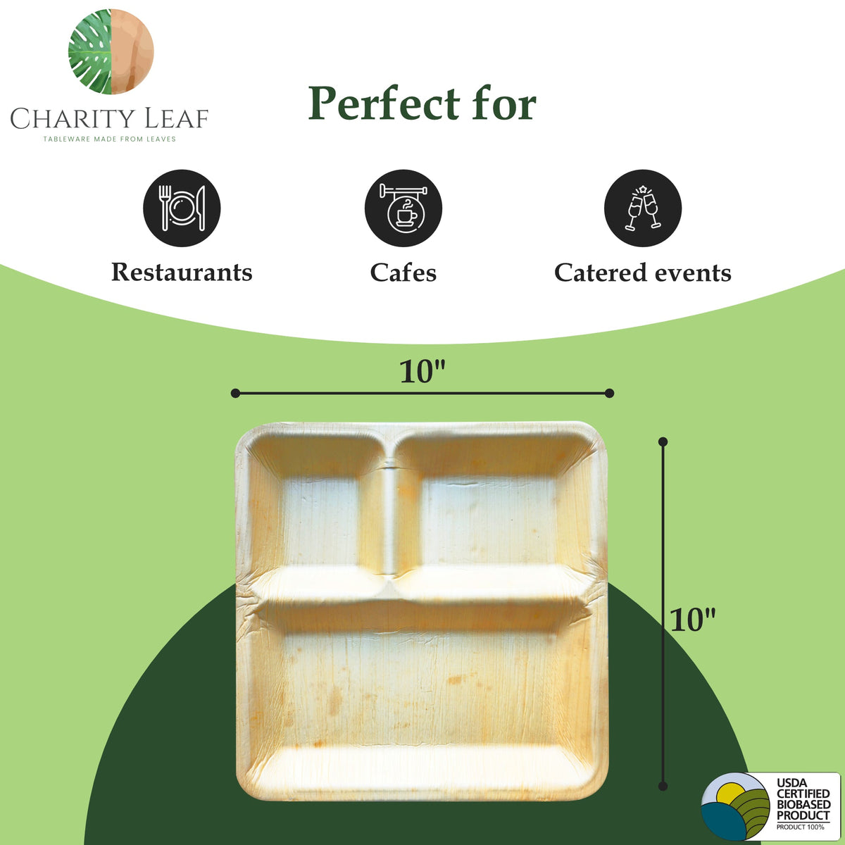 10" Inch Square - 3 Compartment Natural Compostable Bamboo Plate