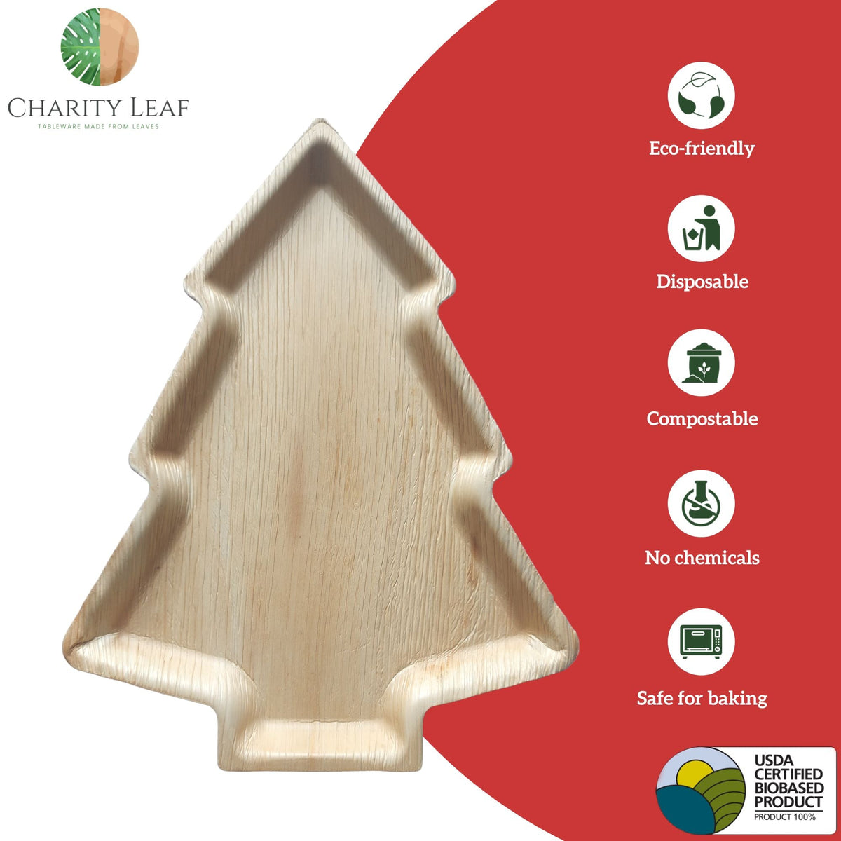 17" x 12" Christmas Tree Natural Compostable Bamboo Tray
