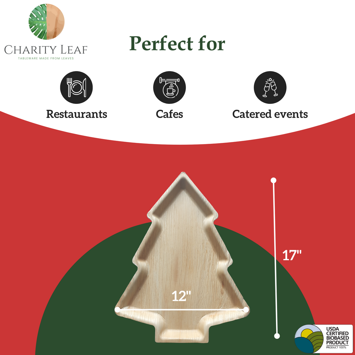 17" x 12" Christmas Tree Natural Compostable Bamboo Tray