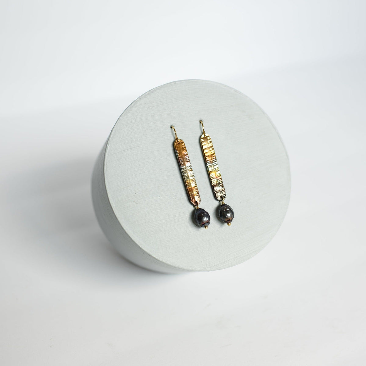 Refined Through Fire Earrings | Freshwater Pearl & Repurposed Auto Copper Brake Line | Gold Plated Ear Wire