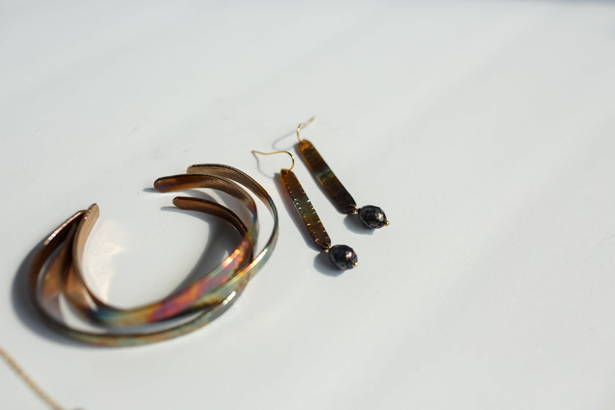 Refined Through Fire Earrings | Freshwater Pearl & Repurposed Auto Copper Brake Line | Gold Plated Ear Wire