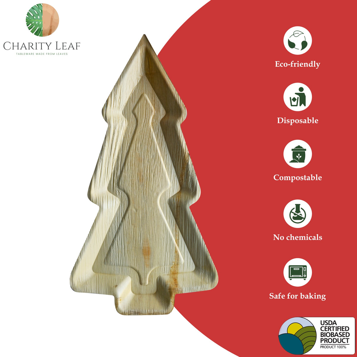 22" x 12" Christmas Tree Natural Compostable Bamboo Tray