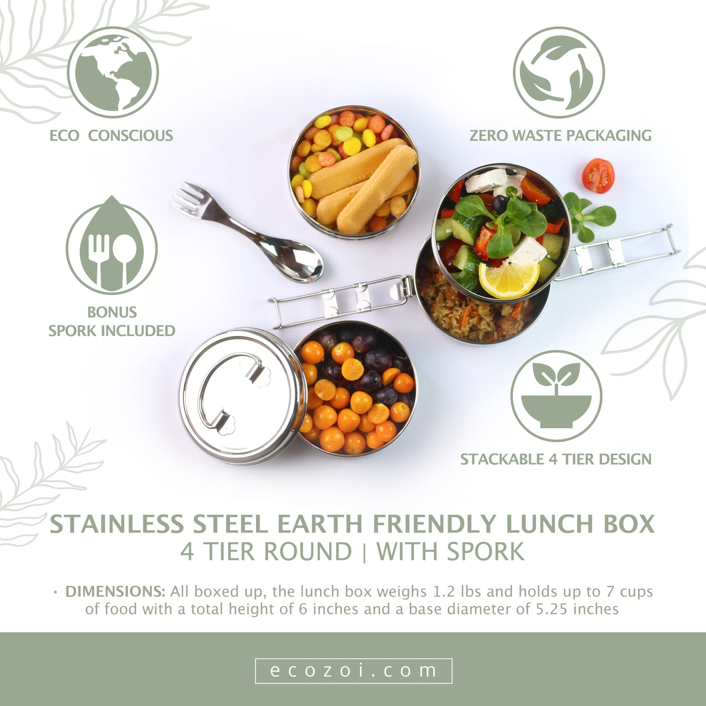 Stainless Steel Lunch Box, 4 Tier Round with Spork, 55 Oz