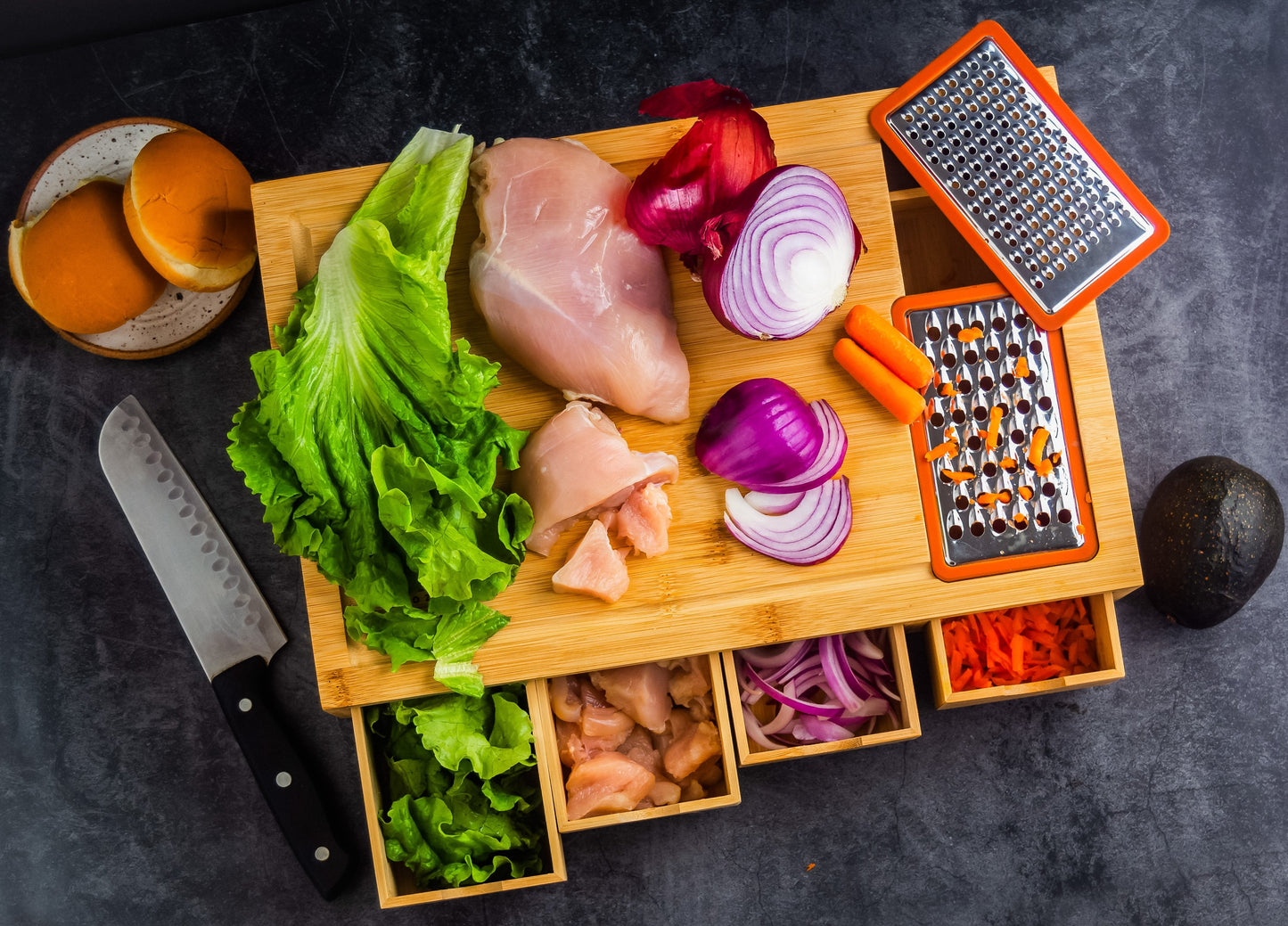 Bamboo Cutting Board with 4 Organizing Trays and 2 Graters