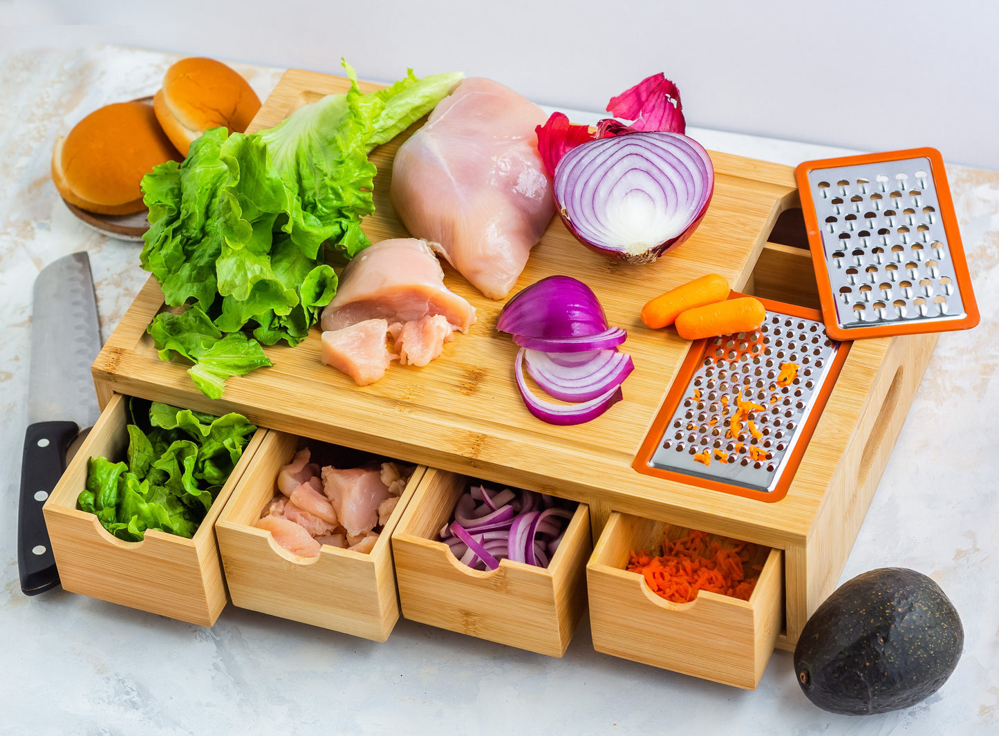 Bamboo Cutting Board with 4 Organizing Trays and 2 Graters