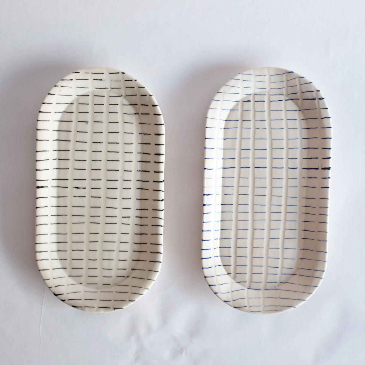 Cream with Dashed Blue Lines Oval Platter