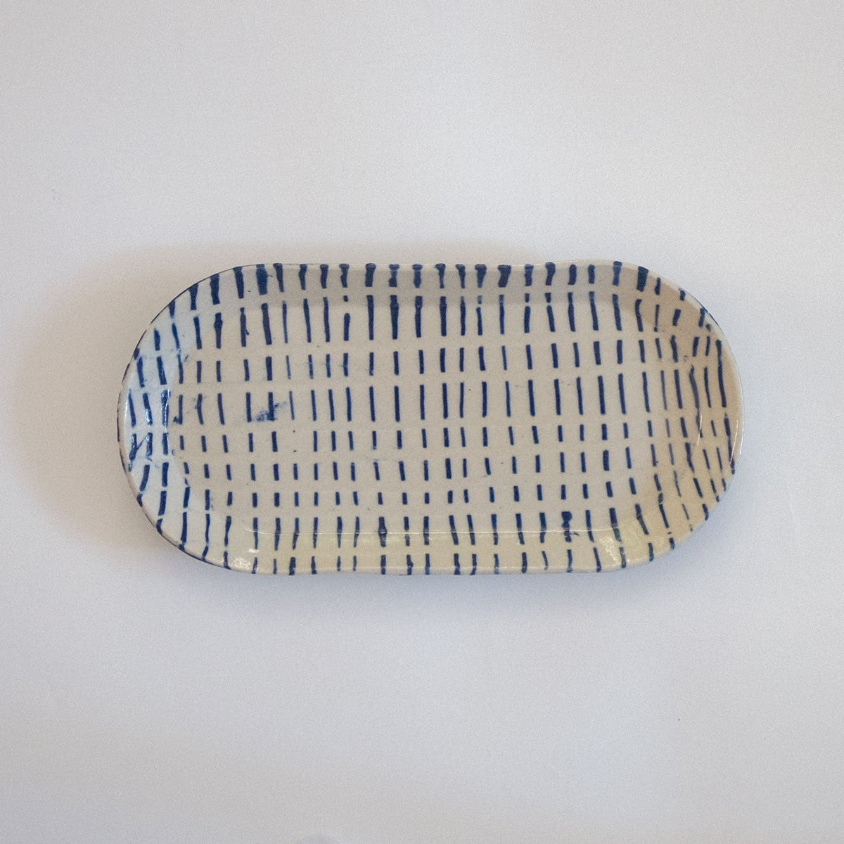 Cream with Dashed Blue Lines Oval Platter