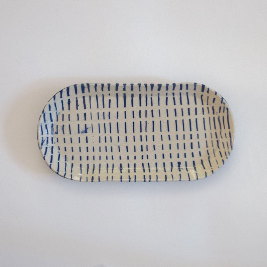 Cream with Dashed Blue Lines Oval Platter