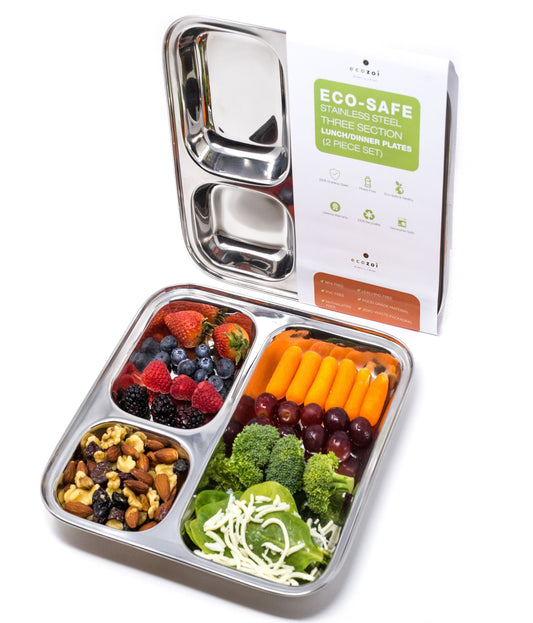 Stainless Steel Dinner Plates, Reusable, 3 Compartments, 2 Pack