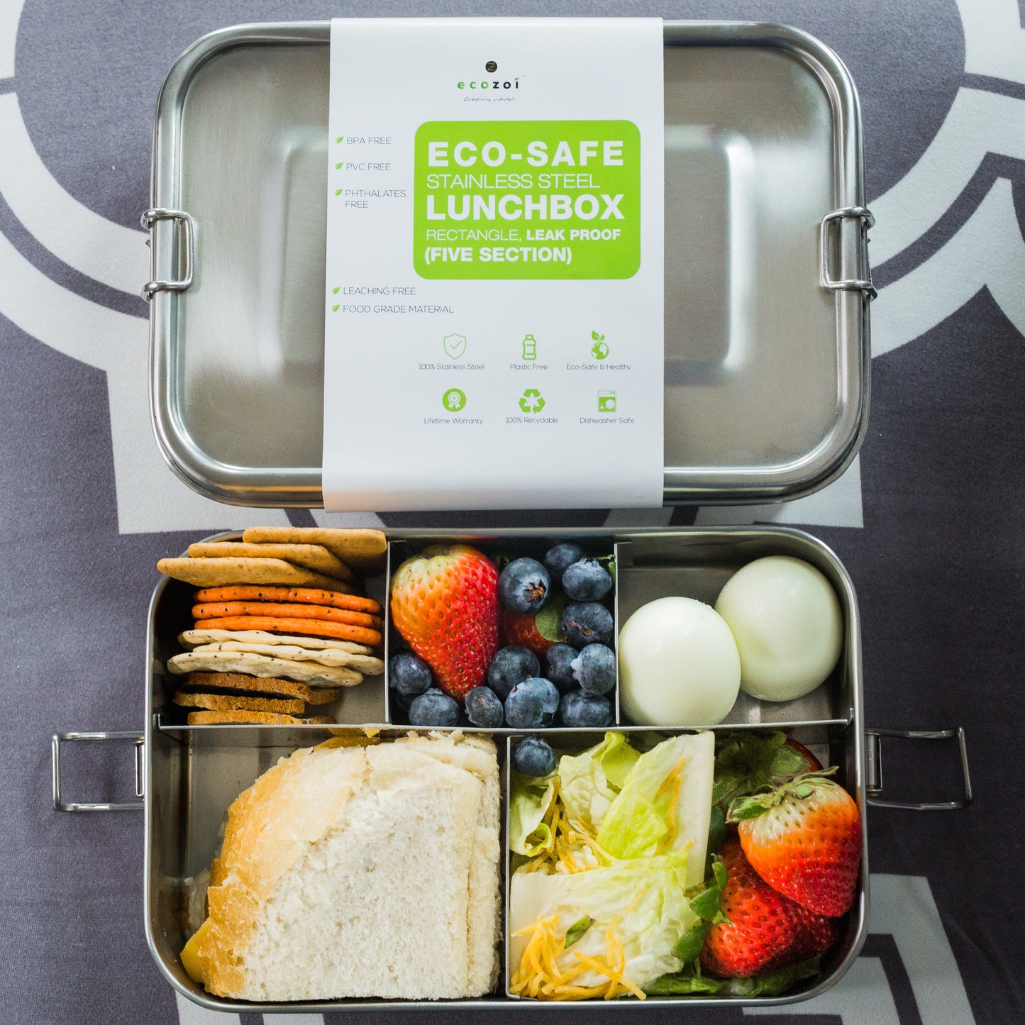 Stainless Steel Lunch Box, 5 Compartment, Leak Proof, 50 Oz