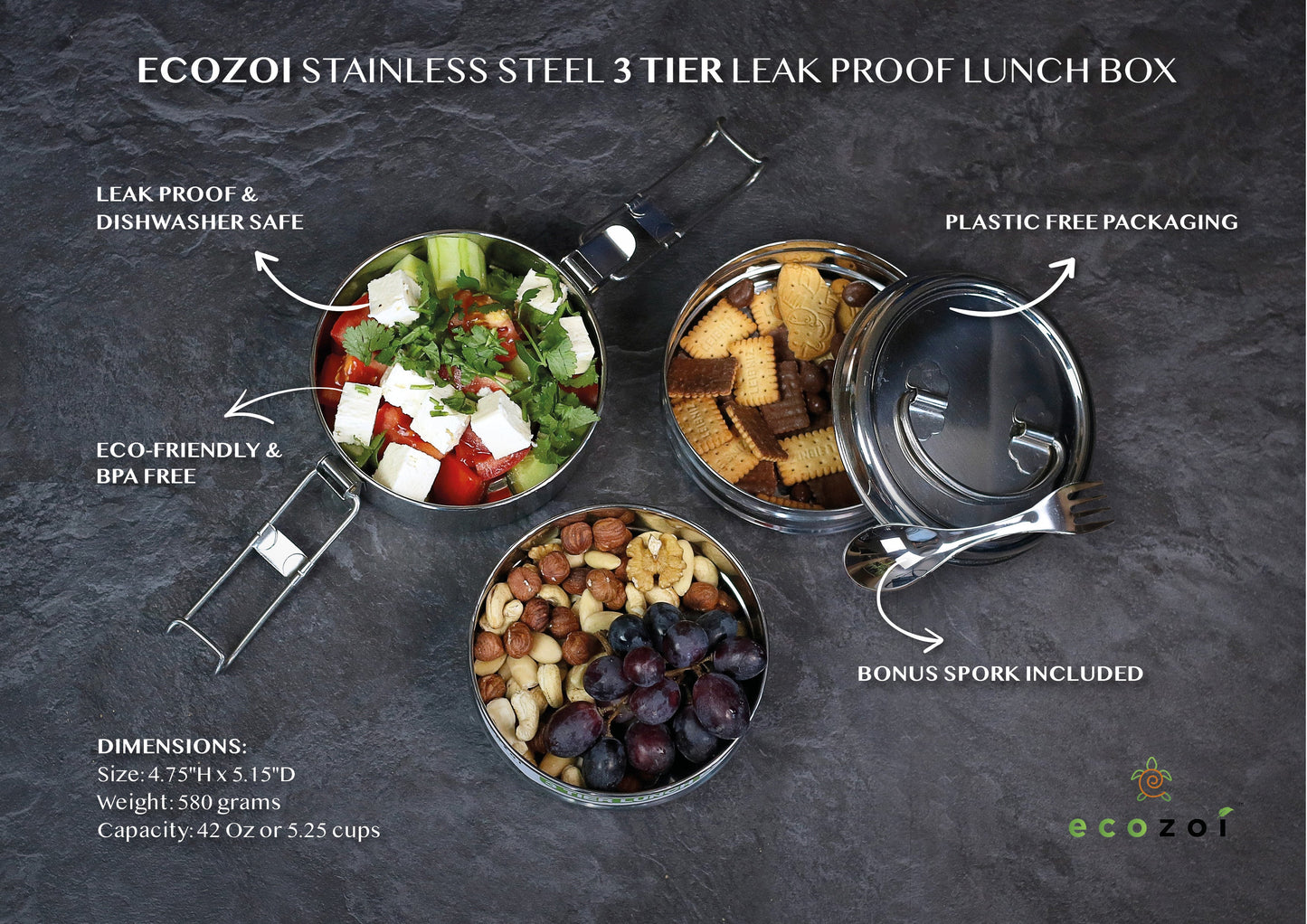 Stainless Steel Lunch Box, 3 Tier Round with Spork, 40 Oz