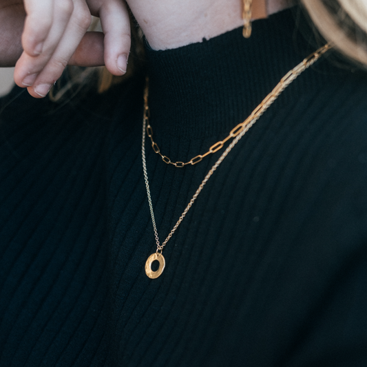 Harmony  Necklace | Recycled Auto Brass Washer | 18K Gold Plated Two Strand Chain & Pendant