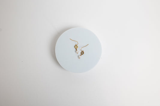 Promise Drop Earrings | Freshwater Pearl & Repurposed Brass Auto Parts | Gold Plated Ear Wire
