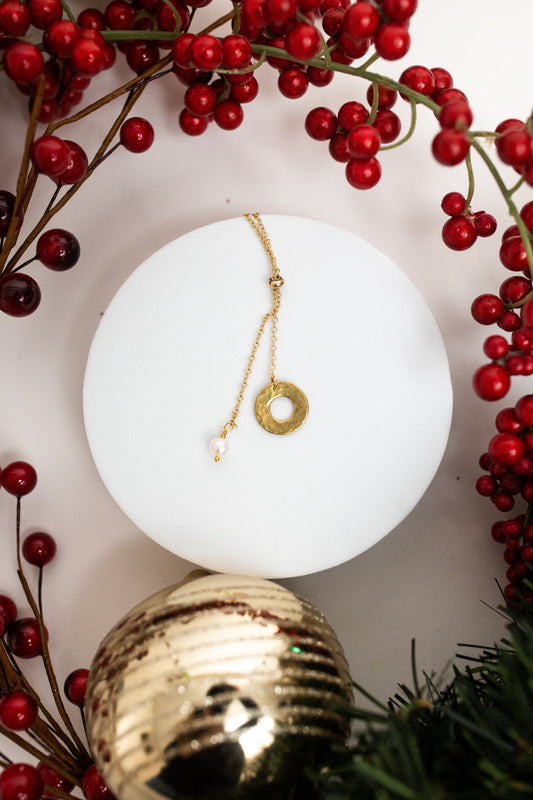 Promise Lariat Necklace | Freshwater Pearl & Repurposed Brass Auto Parts | Gold Plated Chain