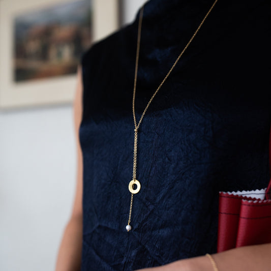 Promise Lariat Necklace | Freshwater Pearl & Repurposed Brass Auto Parts | Gold Plated Chain