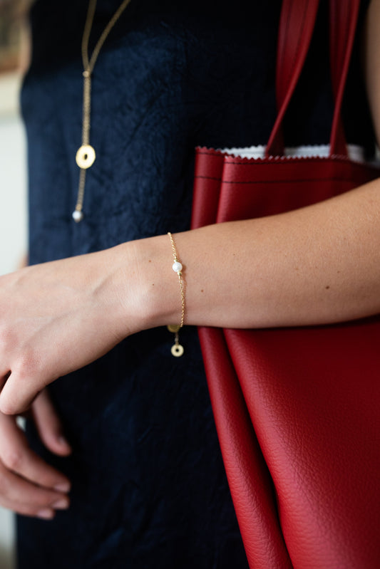 Promise Adjustable Bracelet | Freshwater Pearl & Repurposed Auto Brass Washers | Gold Plated Chain