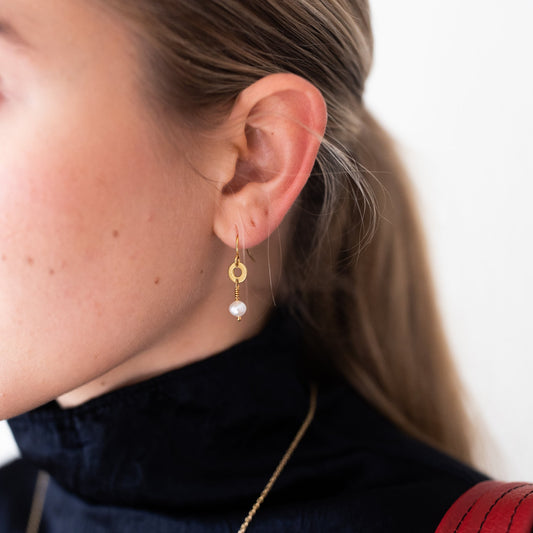 Promise Drop Earrings | Freshwater Pearl & Repurposed Brass Auto Parts | Gold Plated Ear Wire