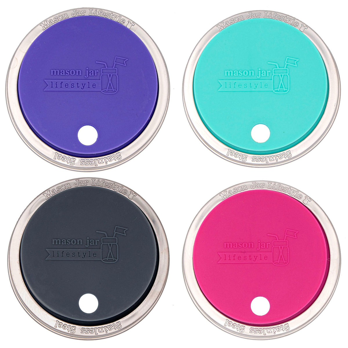 Silicone Straw Hole Lid with Stainless Steel Band for Mason Jars