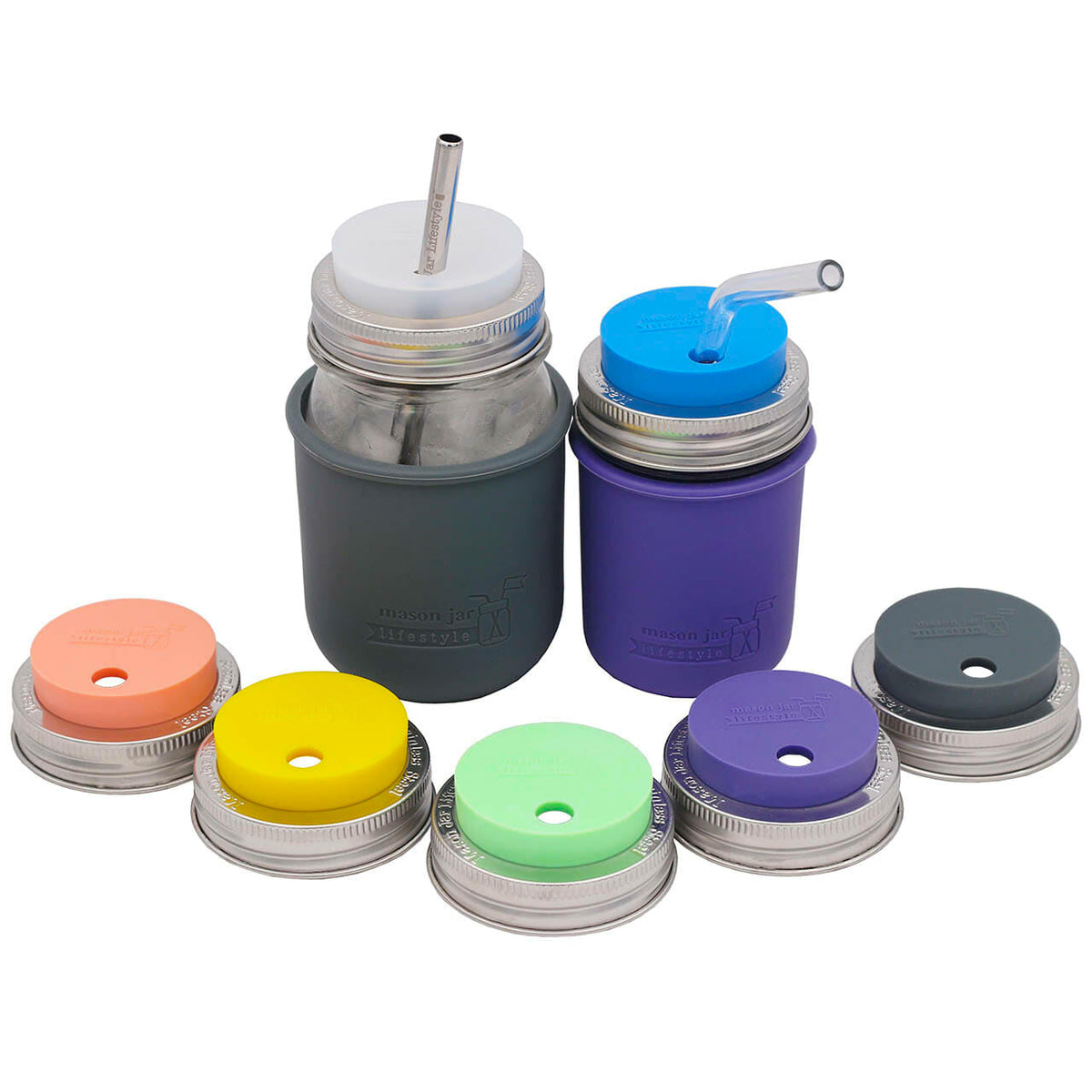 Silicone Straw Hole Lid with Stainless Steel Band for Mason Jars