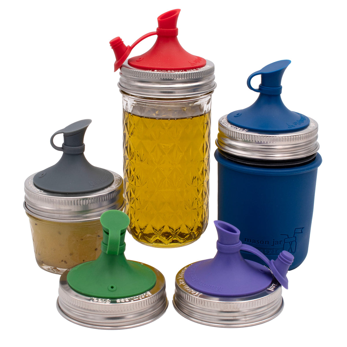 Oil Cruet Pour Lid for Mason Jars - Silicone with Stainless Steel Band
