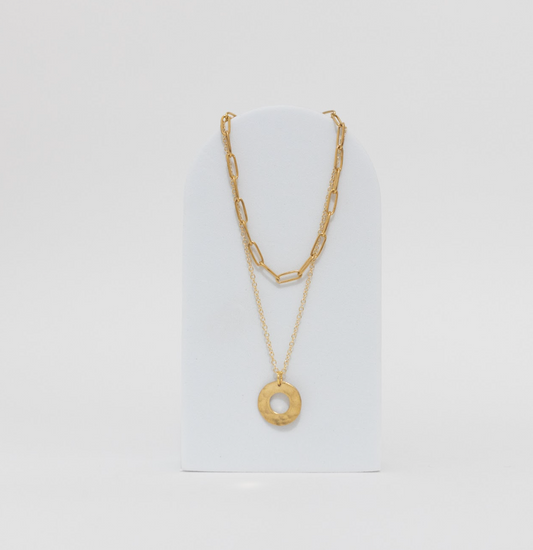 Harmony  Necklace | Recycled Auto Brass Washer | 18K Gold Plated Two Strand Chain & Pendant