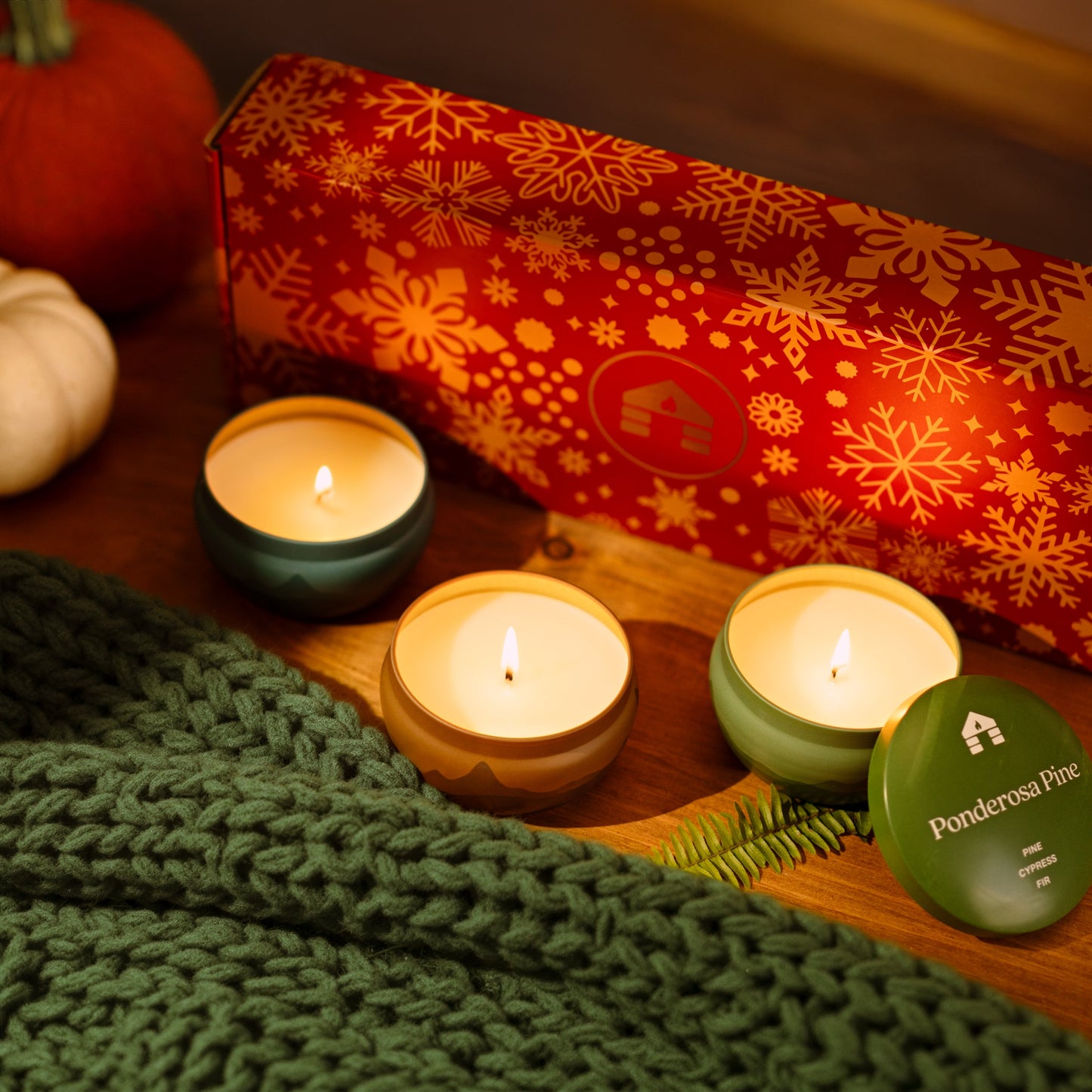 Three 8oz Aromática Coconut Wax Candle Tins - Pumpkin, Pine & Woodsy - Scented Candle Gift Set