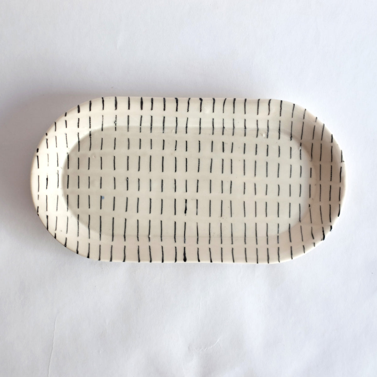 Cream with Dashed Blue Lines Oval Platter