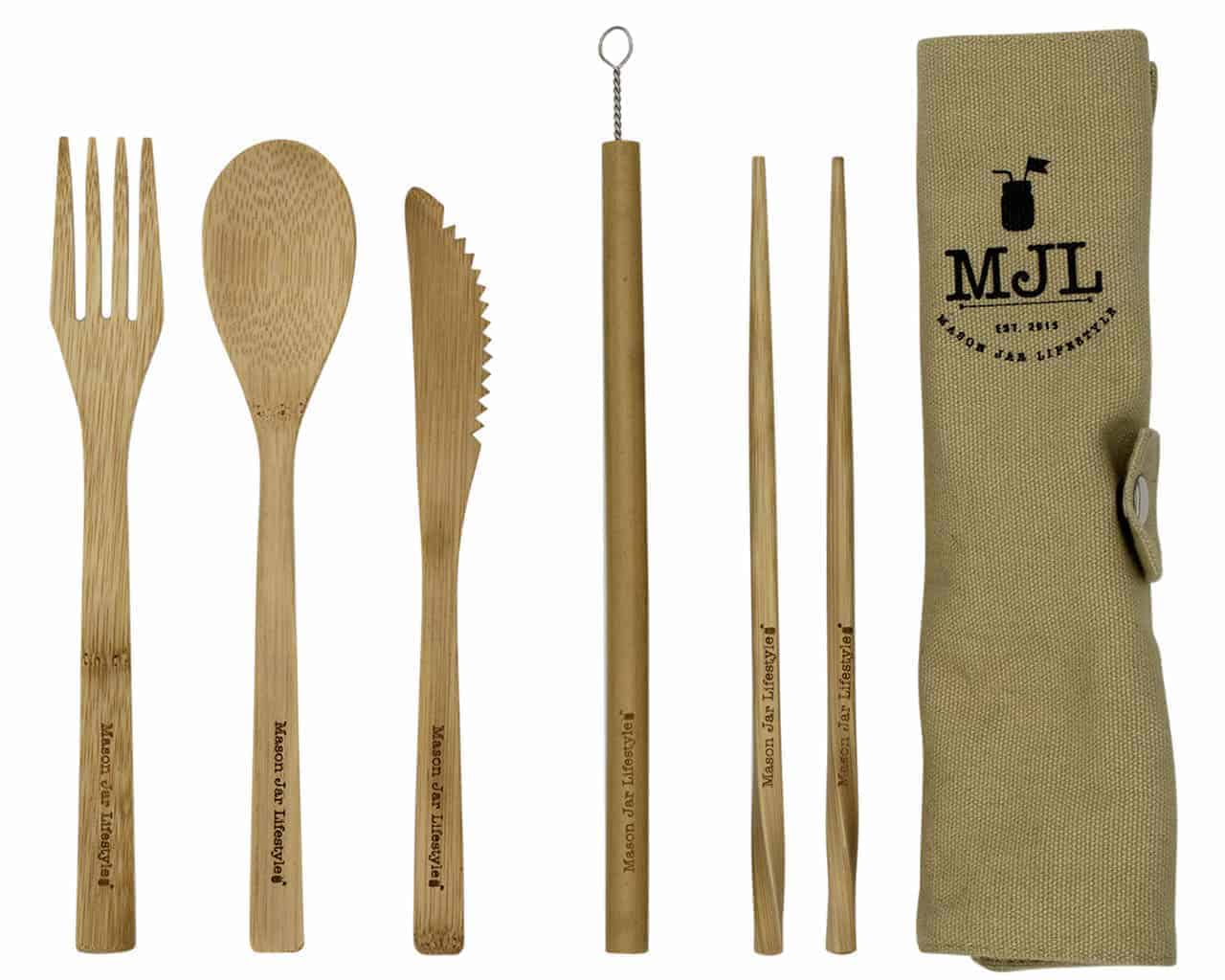 Travel Bamboo Utensil Set With Cotton Roll-Up Carrying Case