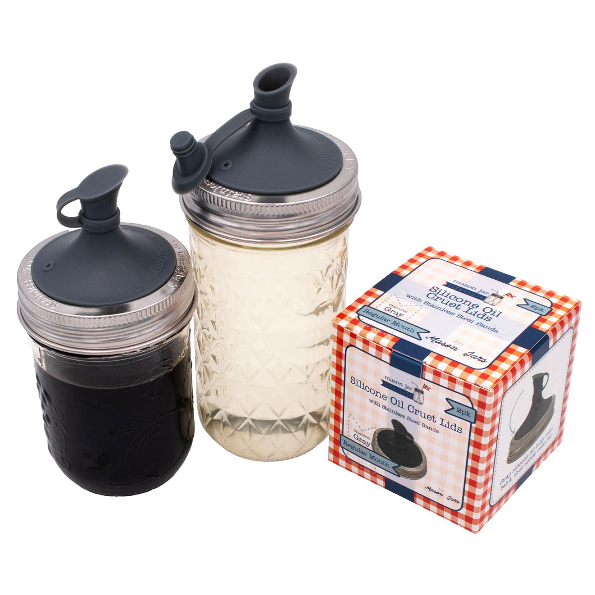 Oil Cruet Pour Lid for Mason Jars - Silicone with Stainless Steel Band