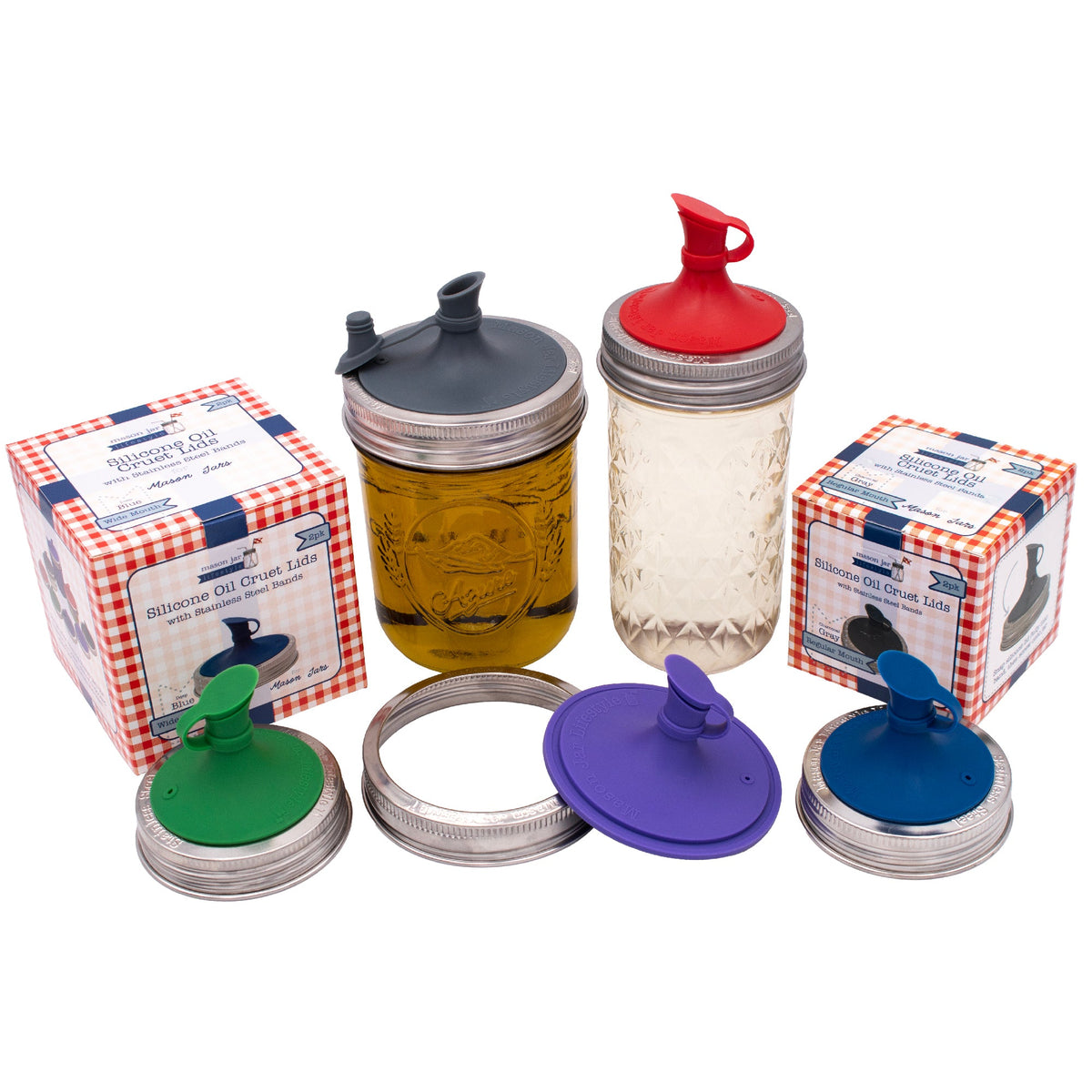 Oil Cruet Pour Lid for Mason Jars - Silicone with Stainless Steel Band
