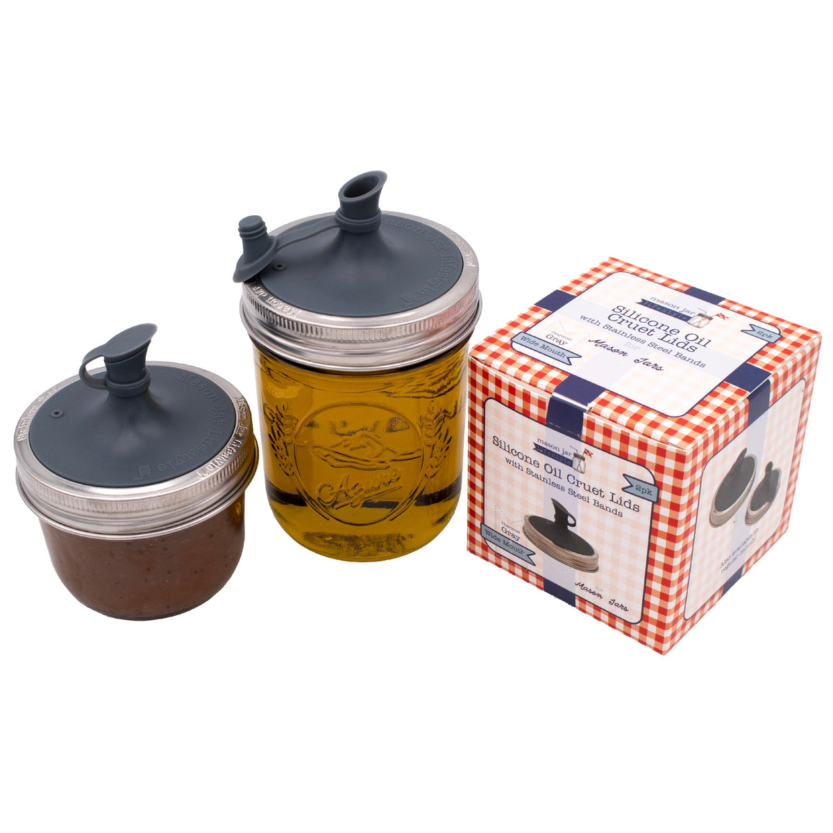 Oil Cruet Pour Lid for Mason Jars - Silicone with Stainless Steel Band