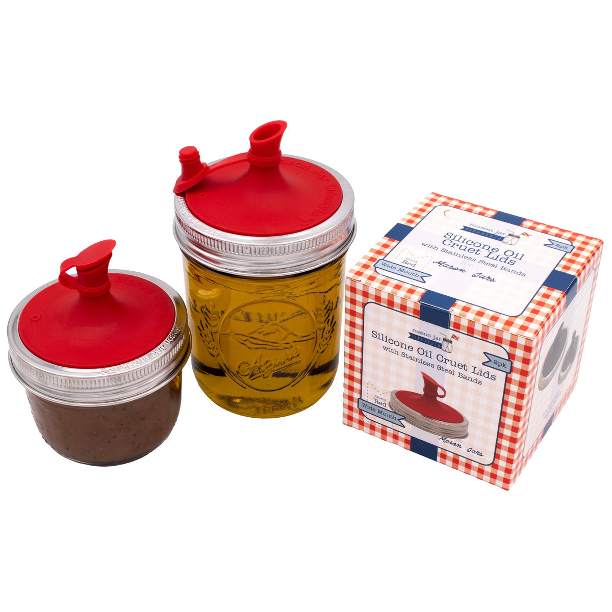 Oil Cruet Pour Lid for Mason Jars - Silicone with Stainless Steel Band