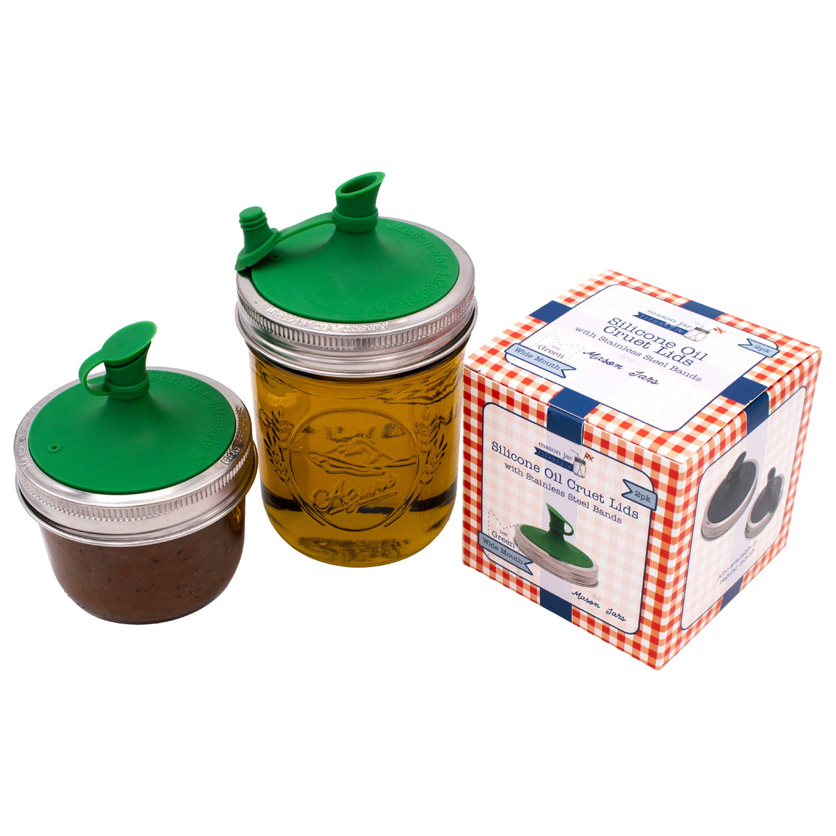 Oil Cruet Pour Lid for Mason Jars - Silicone with Stainless Steel Band