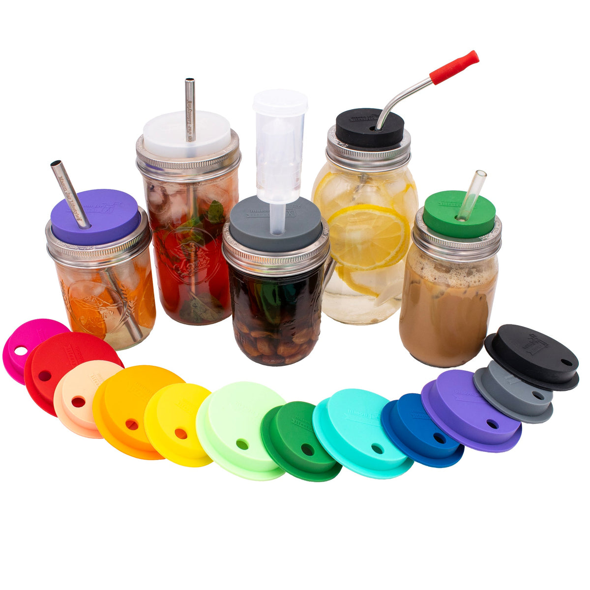 Silicone Straw Hole Lid with Stainless Steel Band for Mason Jars