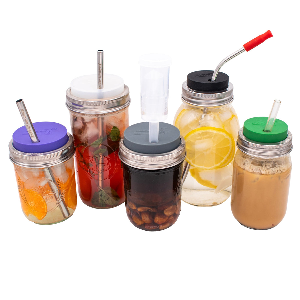 Silicone Straw Hole Lid with Stainless Steel Band for Mason Jars