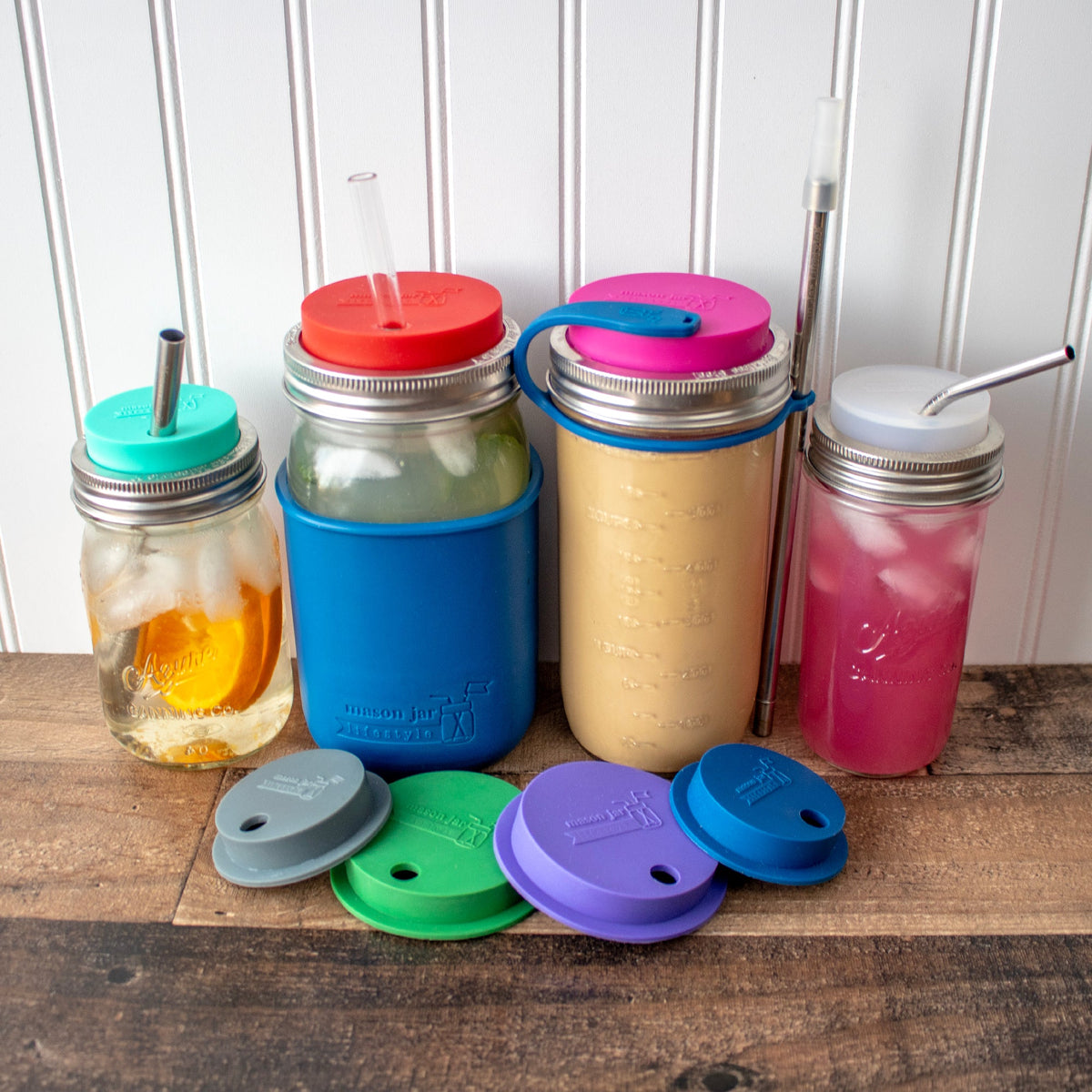 Silicone Straw Hole Lid with Stainless Steel Band for Mason Jars