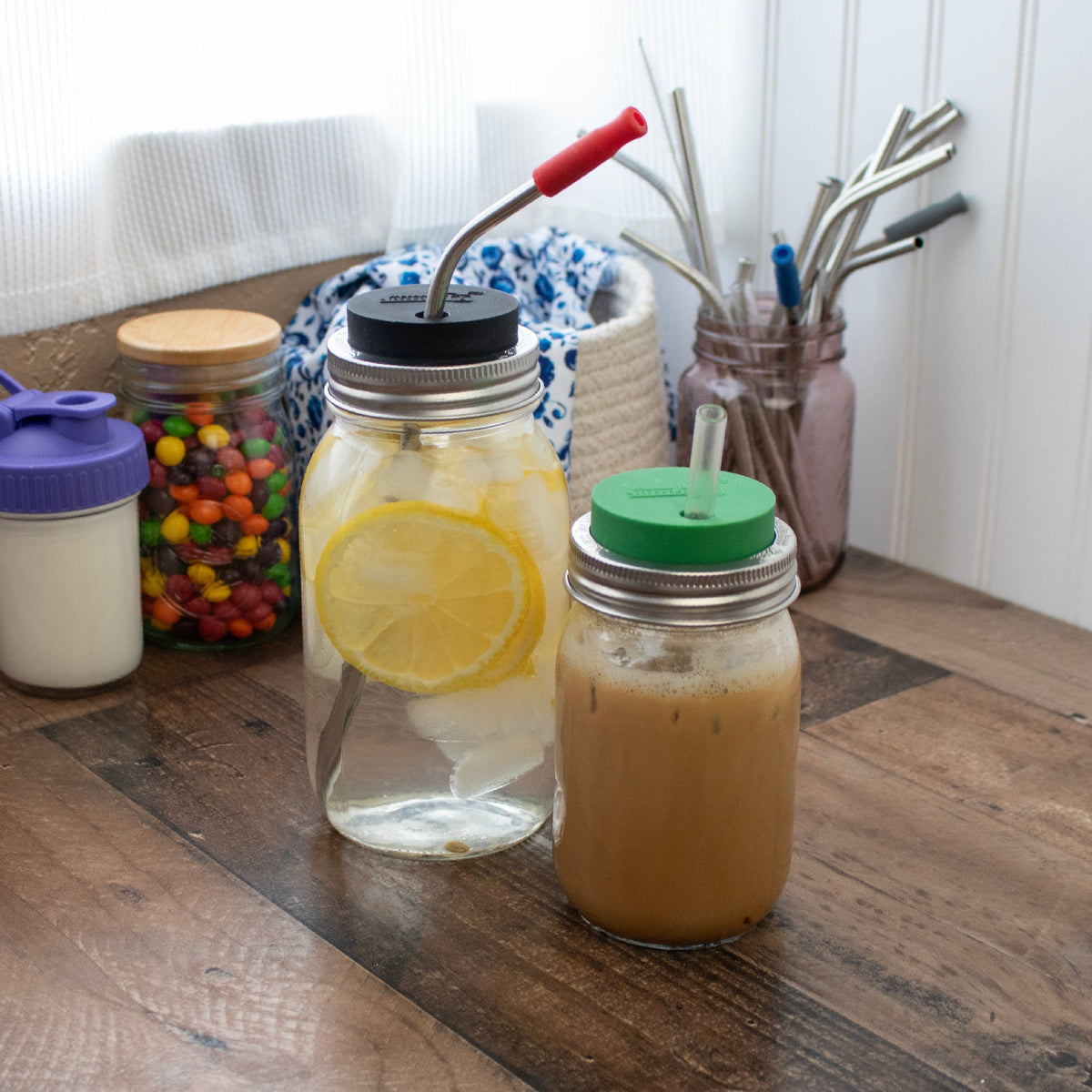 Silicone Straw Hole Lid with Stainless Steel Band for Mason Jars