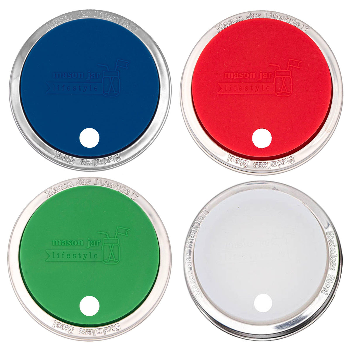 Silicone Straw Hole Lid with Stainless Steel Band for Mason Jars