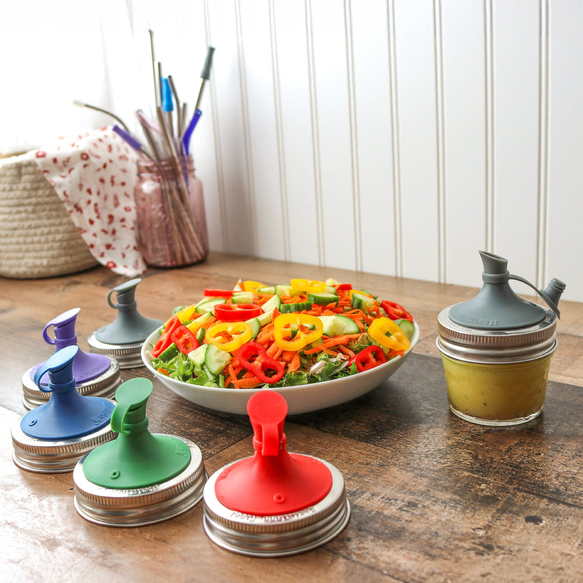 Oil Cruet Pour Lid for Mason Jars - Silicone with Stainless Steel Band