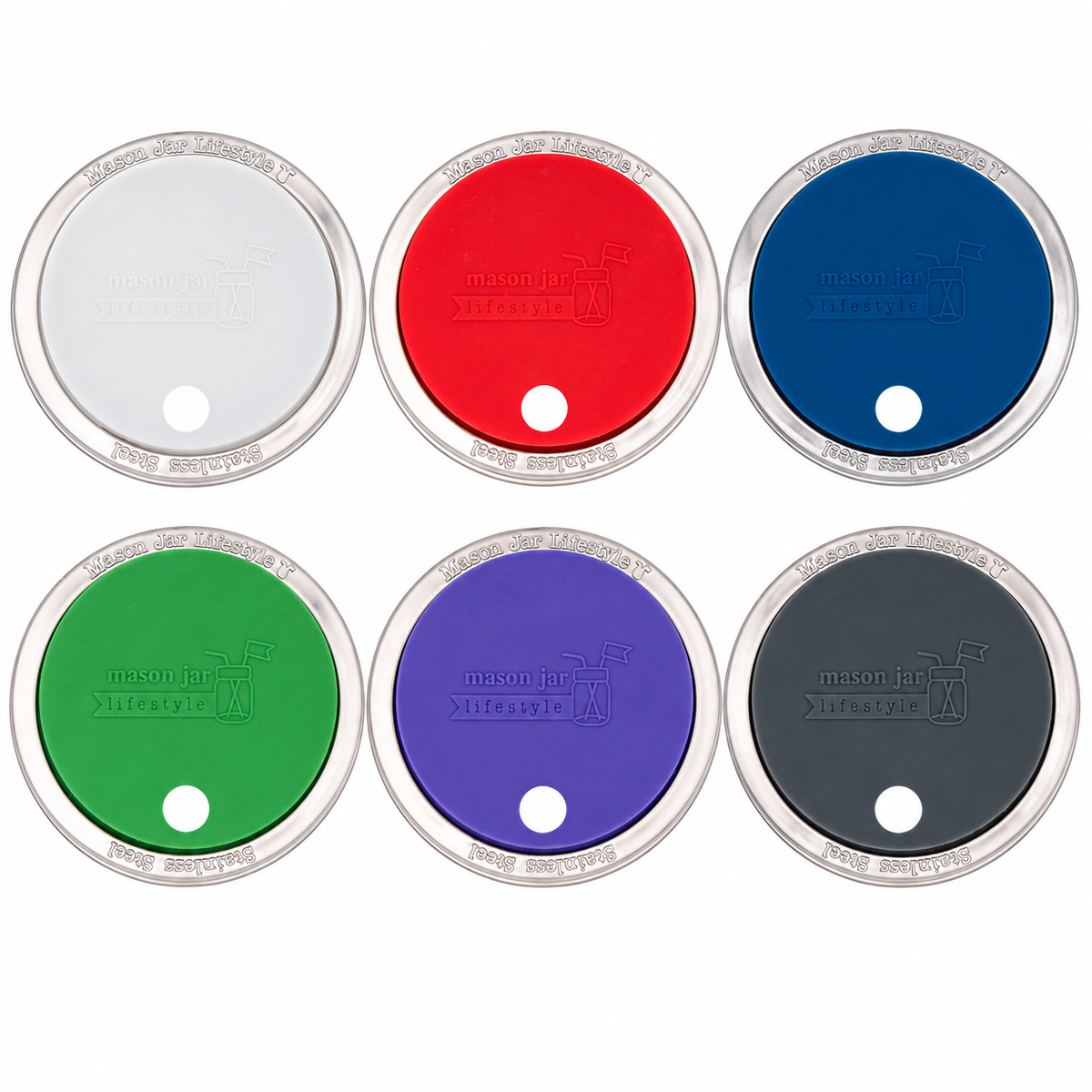 Silicone Straw Hole Lid with Stainless Steel Band for Mason Jars
